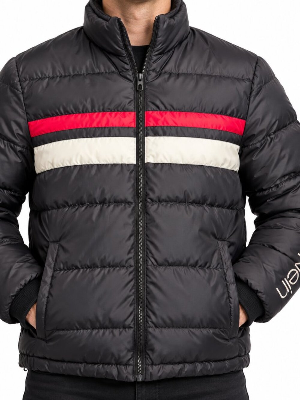 Calvin Klein | Black Red White Colorblock Logo Puffer Jacket Size XL